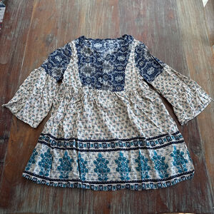 Hayden Girls 9-10 Boho Beige Blue Floral Print Bell Sleeves Soft Lightweight